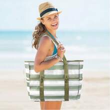 Yoga Bag, Mesh Beach Bag, Large Beach Tote With Top Zipper, 9 Pockets, Inner Waterproof Pocket For Family Pool Vacation Essentials - Wide Grayish-green Stripes - View 5