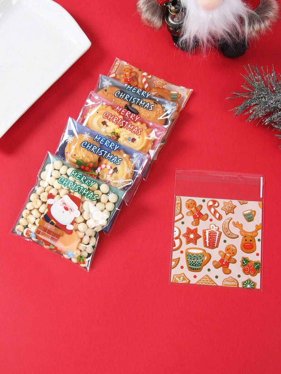 100 piezas Bolsas de caramelos navideños con autoadhesivo, bolsas de plástico transparente con diseño de Papá Noel, muñeco de nieve, reno y árbol de Navidad, para decoración navideña, envoltura de regalos, fiestas navideñas, decoración del hogar, decoración festiva, Feliz Navidad, regalo de Navidad