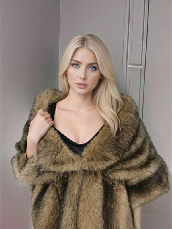 Women's Solid Color Asymmetric Hem Elegant Faux Fur Shawl, Suitable For Evening Dates