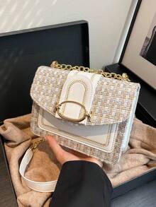 迷你时尚粗花呢斜挎包，女士链条单肩包，复古格子图案方形钱包 - 白色 - 查看 12