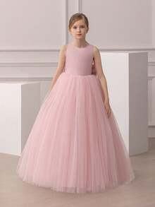 Tween Girl Bowknot Backless Deep V Criss-Cross Strap Mesh Princess Dress, Suitable For Birthday Party, Wedding, Flower Girl, Prom, Holiday Occasions - Pink - View 6