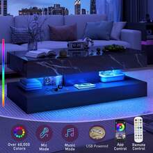 39/47inch Large High-Glossy LED Coffee Table With 2 Sliding Drawers, Living Room Storage Tables With Marbling Print, Modern Stylish Double-Layer Center Tables W/ USB Powered LED Lights - 黑色 - 查看 2