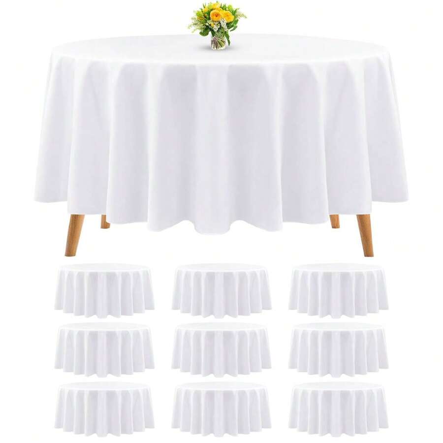 Teruntrue 10 Packs Polyester Round Tablecloth 90 Inch White Table Cloth Bulk Washable Polyester Fabric Tablecloths Table Cover For Wedding Party Banquet Buffet Table Holiday Dinner (White, 90 Inch)