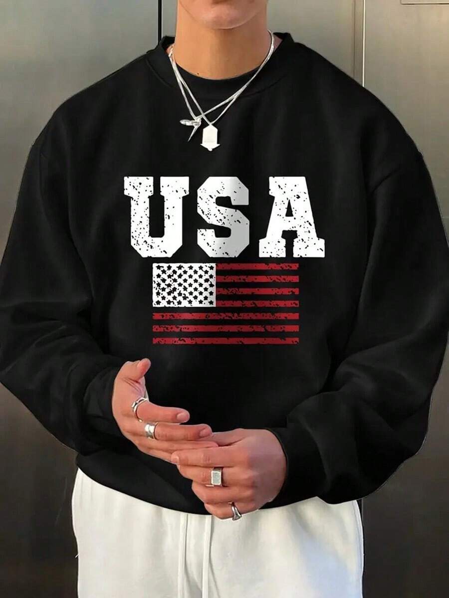 Men's Navy Blue USA Flag Graphic Sweatshirt - Casual Long Sleeve Crewneck With Bold Letter Print, Loose Fit For Casual Attire,Fall Hoodies,Men's Fall Clothes,Street Wear,Halloween,Mens Hoodies,Y2k Clothes,Jesus Hoodie,Thanksgiving Day,Nightmare Before Christmas,Christmas - Black - View 1