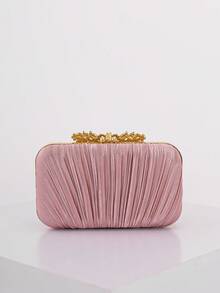 女士时尚水钻装饰翻盖盒晚宴手拿包，适合婚礼、庆典和正式活动，手提包，派对包，高品质褶皱香槟色链条单肩包/斜挎包 - 粉色 - 查看 6