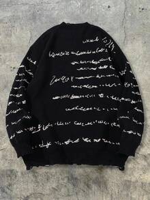 Autumn/Winter Men's Casual Loose Minimalist Aloof Cat Portrait English Letter Solid Color Retro Streetwear Knit Crew Neck Pullover Sweatshirt - màu đen - Xem 3