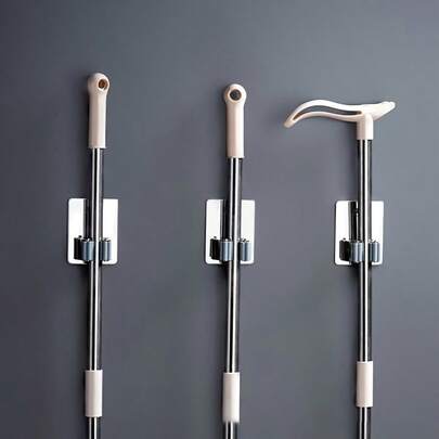 1pc Wall Mounted Mop & Broom Holder, No Drilling Needed, Super Non-Slip Self-Adhesive Heavy Duty Stainless Steel, Suitable For Home, Office, Kitchen, Bathroom, Christmas, Halloween