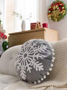 1 Stück Weihnachts-Rot Schneeflocke bestickte runde Kissenbezug, geeignet für Inneneinrichtung, Weihnachtsdekokissenbezug, Kissenfüllung nicht enthalten