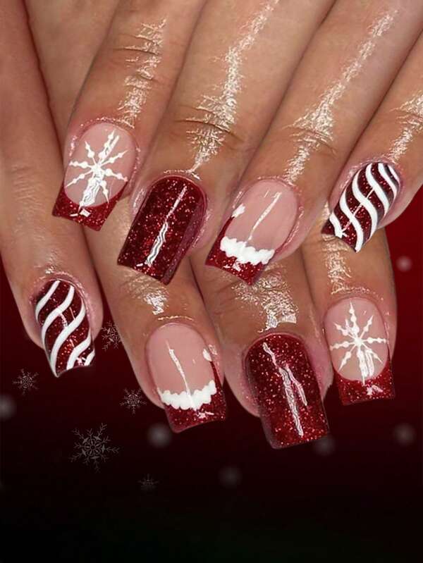 24pcs Shiny Short Nail Stickers With Christmas Hat, Snowflake & Striped Patterns For 2025 Christmas Nail Art