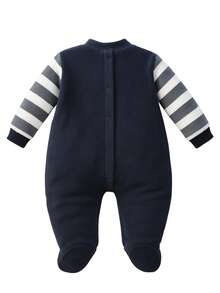 Baby Boy's Plush Embroidered Romper Baby Boy's Clothes - 藏蓝色 - 查看 8