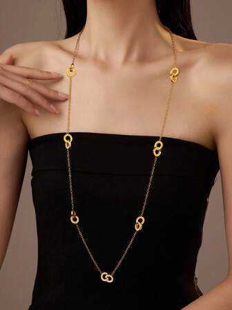 1 Piece Stainless Steel Stylish Roman Numeral Double Ring Long Pendant Necklace Autumn And Winter Women's High-End Charm Sweater Chain Jewelry For Women