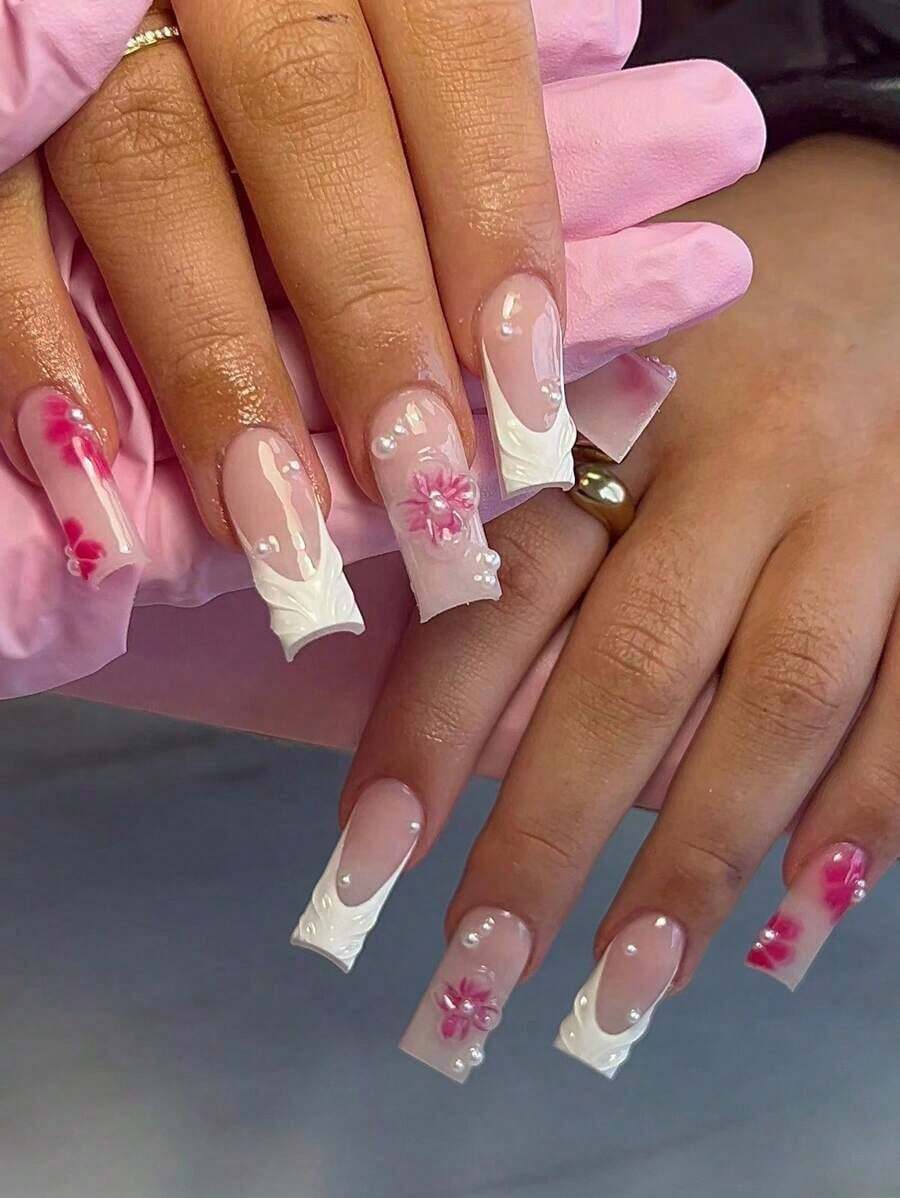 24Pcs Long Square 3D Three-Dimensional Gelnail Makes Flower Nails With Pearl Decorate Design White French Acrylic Press On Nails Long Perfect Fit Fake Nail Set, Easy To Wear Summer Nails And French Tip Nails Art For Woman Girl Daily Work Wear Rave Party Use - Nhiều màu - Xem 1