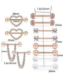 12 件装 14G 乳头环 女士医用钢乳头穿孔 CZ 心形蝴蝶杠铃乳头环套装 可爱乳头穿孔首饰情人节