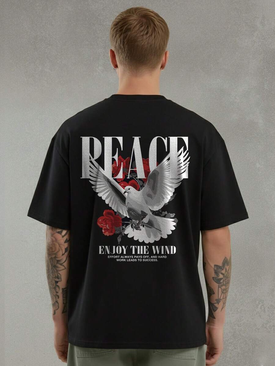 Men's Oversized Peace Angel Printed T-Shirt Unisex Shirt Loose Cotton T-Shirt Men's Women's - màu đen - Xem 1