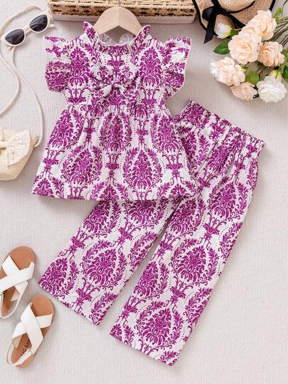 Girls' Vintage Palace Style Green Plant Print Bow 2-Piece Set, Children's Floral Luxurious 2-Piece Set, Fashionable Summer Nature-Inspired Outfit, Elegant And Artistic, Suitable For Outdoor Travel, Parent-Child Party, Ages 4-7, Spring/Summer