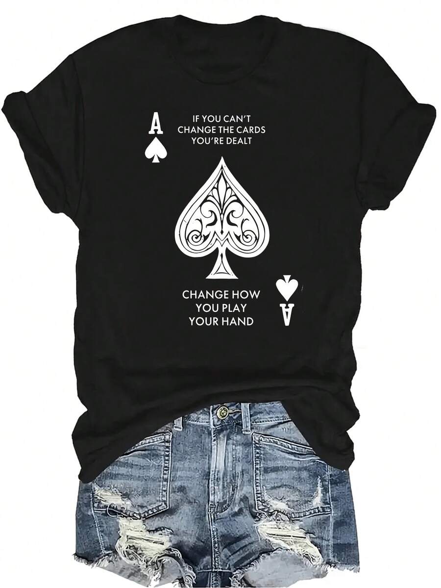 [Camiseta de Moda Casual] Camiseta de mujer suave y cómoda - Cita motivacional As de Espadas Casual de manga corta y cuello redondo, regalo perfecto para la abuela y la mamá, uso casual de primavera y verano - Negro - Ver 1