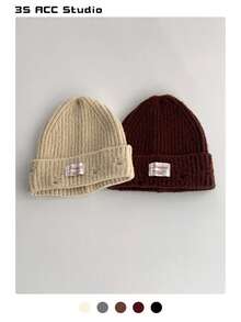 1pc Applique Distressed Knit Beanie Hat, Unisex Thick Warm Ear Protection Winter Cap, Large Head Circumference, Versatile, Windproof Cycling Knit Hat, Women Balaclava Ski Cap Winter Gear - Multicolor - View 5