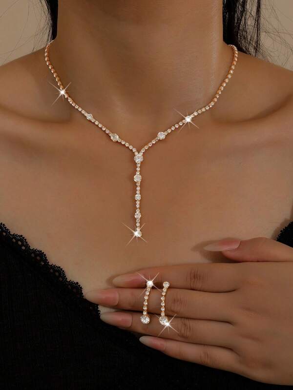 Set di gioielli minimalisti con strass - Orecchini e collana da donna, accessori da matrimonio, placcati in argento