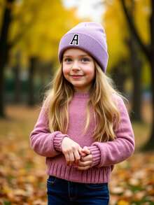 1 件儿童 A-Z 26 字母印花针织帽，柔软温暖秋冬头饰，适合婴儿少女女孩日常使用生日礼物 - 紫色 - 查看 5