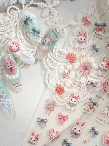 Beautizon Nailartlab 1张可爱兔子美甲贴纸，玫瑰花蝴蝶结图案，蕾丝樱桃兔3D立体浮雕闪亮美甲贴，易于粘贴的自粘圣诞美甲饰品，可爱兔子3D美甲贴纸 - 彩色 - 查看 1