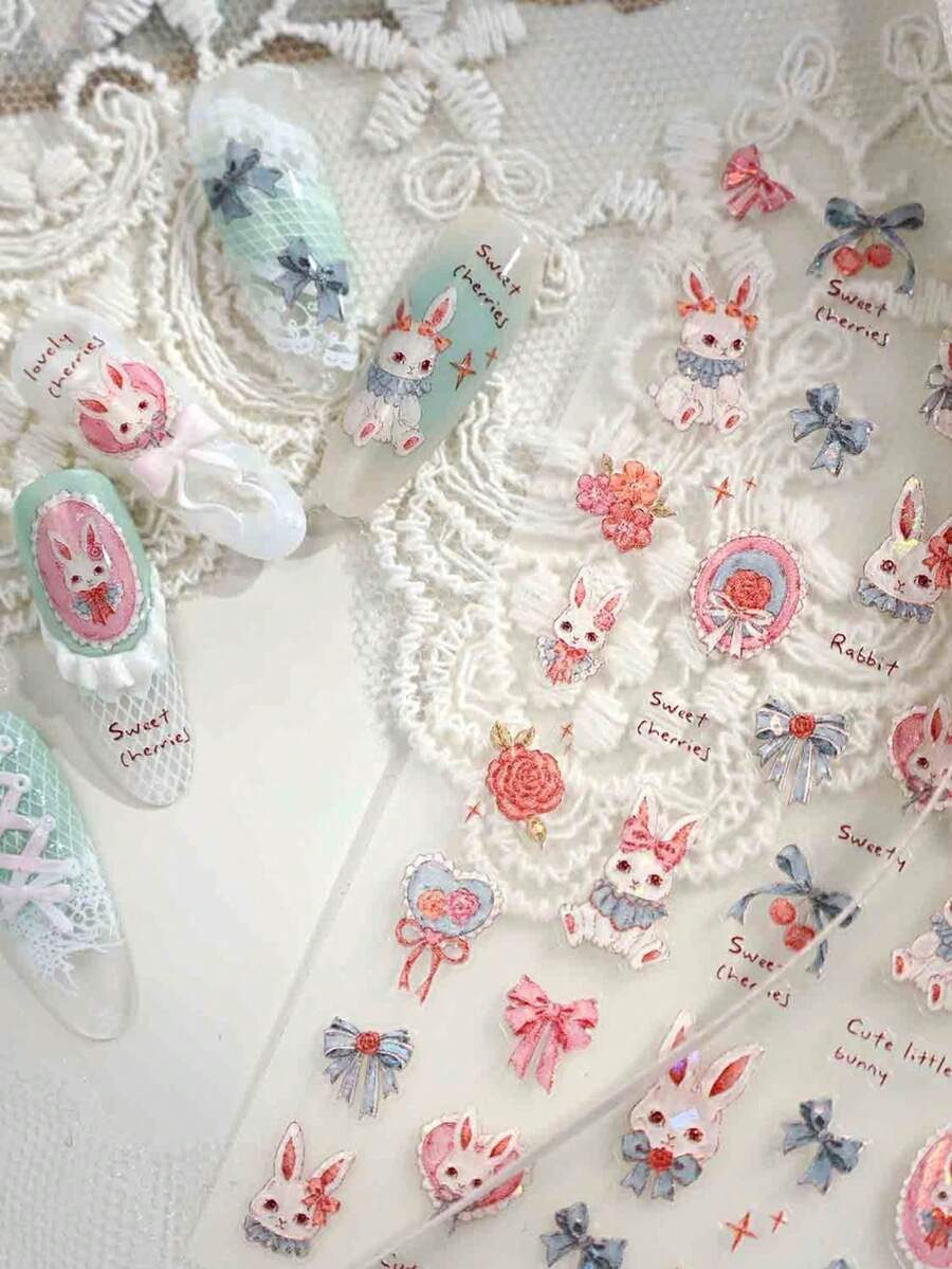 Beautizon Nailartlab 1张可爱兔子美甲贴纸，玫瑰花蝴蝶结图案，蕾丝樱桃兔3D立体浮雕闪亮美甲贴，易于粘贴的自粘圣诞美甲饰品，可爱兔子3D美甲贴纸 - 彩色 - 查看 1