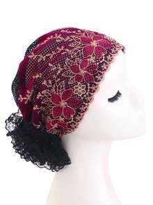 1 pieza Pañuelo de cabeza con encaje calado y diseño floral, gorro interior, turbante brillante, gorra para el cuidado del cabello