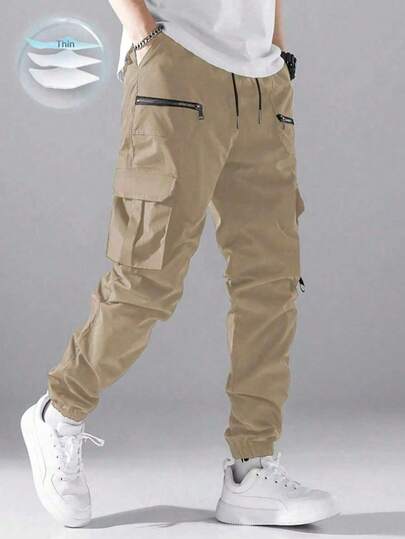 Tween Boys' Fashionable Casual Drawstring Waist Zipper Decor Cargo Pants