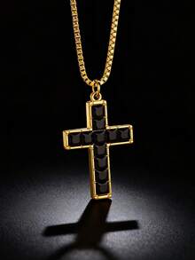 Inlaid Square Zirconia Cross Necklace For Men 18K Gold Plated Box Chain Stainless Steel Necklaces Luxury Design Cross Charm Jesus Religious Style Jewelry Daily Wear