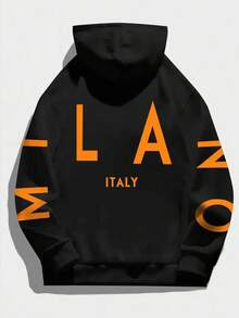 GRDR Men's Hoodie, New Autumn/Winter Street Style Italian Graphic Print Kangaroo Pocket Thermal Lined Sweatshirt - Black - View 3