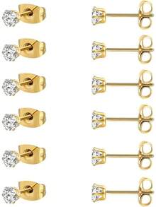 MDFUN 6 Pairs Stud Earrings Sets 3-8MM 18K Gold Plated Round 5A+ Cubic Zirconia Earrings CZ 6 Prong Ears Jewelry Women - 4MM-黃金 - 查看 12