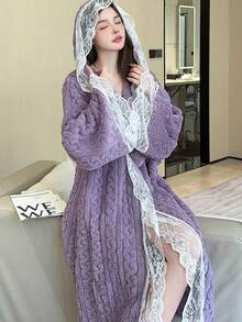 女士秋冬保暖连帽浴袍，拼接设计，甜美舒适，休闲可爱，系带腰身家居服，轻松惬意 - 柔软珊瑚绒 - 彩色 - 查看 4
