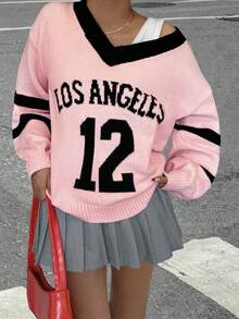 Women's New Style V Neck Collision Color Letter And Number Pattern Jacquard Loose Casual Stylish Street Retro Preppy Long Sleeve Sports Sweater, Fall And Winter