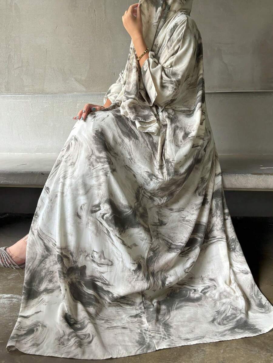 2pcs Elegant Minimalist Watercolor Floral Print Bathrobe With Headscarf, Suitable For Vacation, Beach, Party, Black Spring Wear - Black - View 1