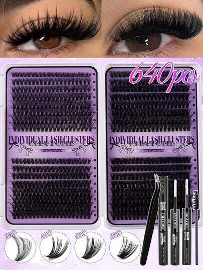 640片装高容量单根假睫毛套装，包含10D+20D+30D+40D+50D+60D+80D+100D D型卷翘浓密假睫毛，长度8-18毫米混合，D型卷翘，打造自然浓密美睫。柔软轻盈，可重复使用，分段式单根假睫毛。圣诞美睫旅行套装