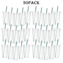 30/20/10 Pack Fashionable Plastic Cup With Lids And Green Straws-24oz Reusable Plastic Cup, Portable And Watertight, Suitable Party And Outdoor Entertainment Fit Adults, Women, Party, Halloween Gifts Summer Beaches, Weddings, Offices, Picnics, Take Photos - 透明+墨綠吸管 - 查看 9