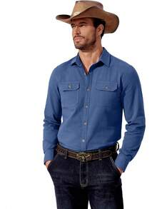 Mens Western Cowboy Shirt Long Sleeve Cotton Button Down Work Shirts With Pockets - Black - View 9