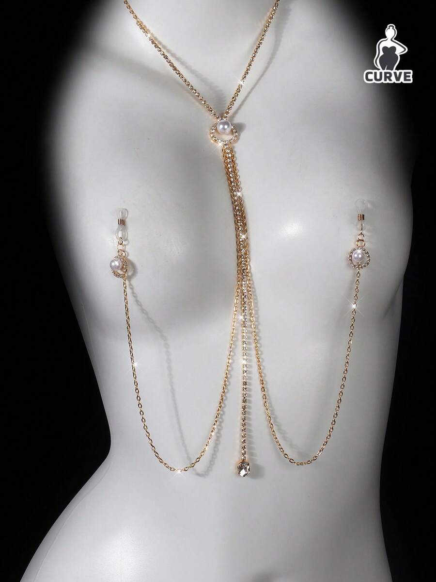 仿珍珠吊坠乳夹乳头链性感夜店装身体链配饰 - 彩色 - 查看 1