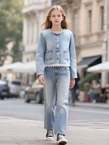 2pcs Set: Snowflake Denim Casual Elegant Lady Frilled Light Wash Denim Jacket And Comfortable Casual Daily Denim Pants, New Autumn/Winter - Light Wash - View 3