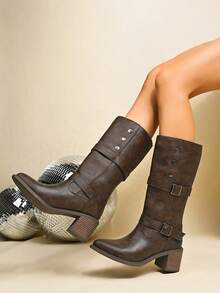 Women's Fashion Boots, High Heel Chunky Heel Boots, Solid Color Western Style Buckle Rivet Decor Women's Mid-Calf Boots, Sexy Pointed Toe, Suitable For Holidays