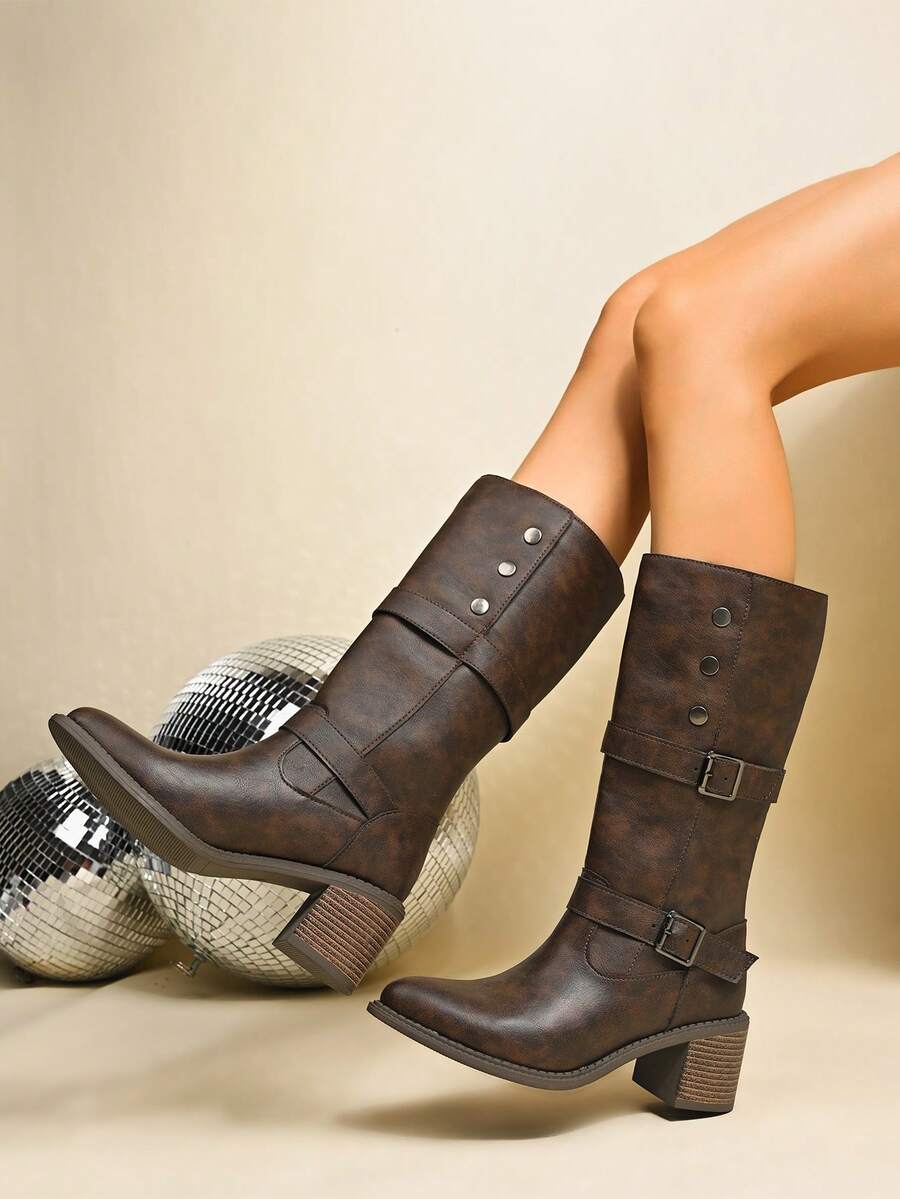 Women's Fashion Boots, High Heel Chunky Heel Boots, Solid Color Western Style Buckle Rivet Decor Women's Mid-Calf Boots, Sexy Pointed Toe, Suitable For Holidays