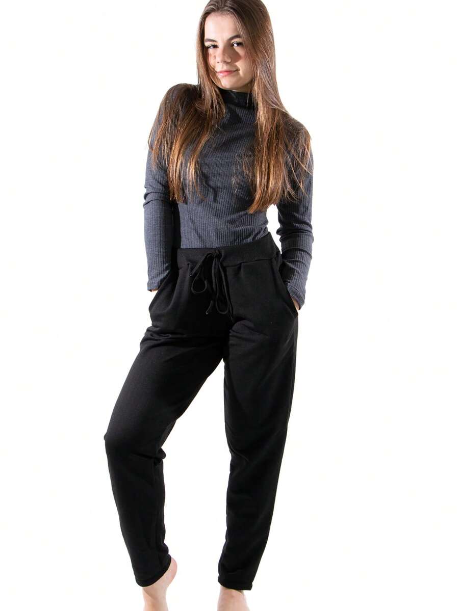 Calça Moletim Feminina Casual Moderna - Preto - Visão 1