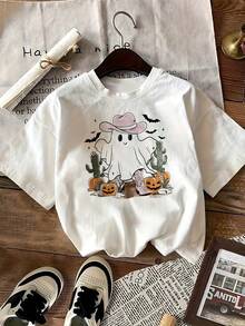 Linda camiseta gráfica de fantasma con sombrero de vaquero y botas para mujer, camiseta de temporada espeluznante inspirada en Halloween, camiseta estampada informal de moda con arte de cactus y calabazas, corte clásico de tela suave, perfecta para el otoño. - Blanco - Ver 2