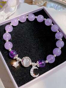 1 Piece Star & Moon Purple Beaded Bracelet - Simple Fashion Design, Sweet For Girls, Daily Versatile Accessory - Multicolor - View 1