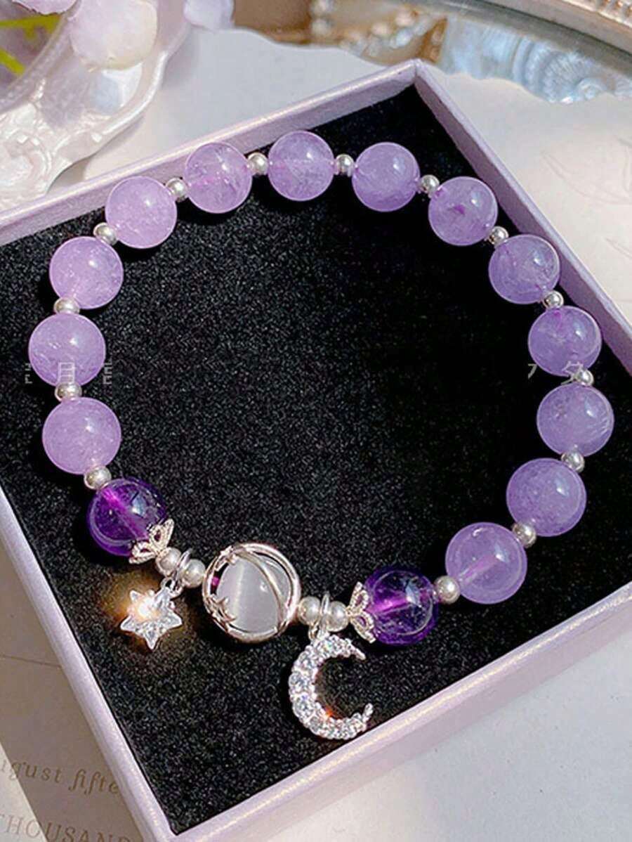 1 Piece Star & Moon Purple Beaded Bracelet - Simple Fashion Design, Sweet For Girls, Daily Versatile Accessory - Multicolor - View 1