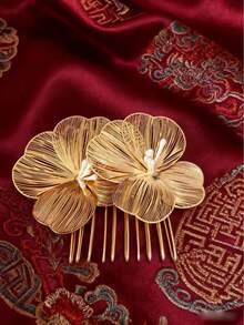 1pc Elegant Floral Hair Clip, Golden 10-Tooth Hair Comb Suitable For Women To Wear On Weddings