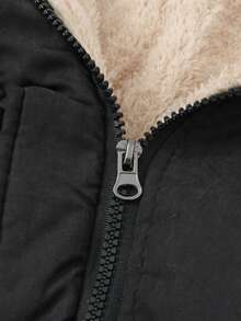 Jaqueta com Capuz Feminina, Corta-Vento Casual, Tecido Tecido de Cor Sólida, Bolsos, Adequado para Outono, Inverno, Primavera - Preto - Visão 9