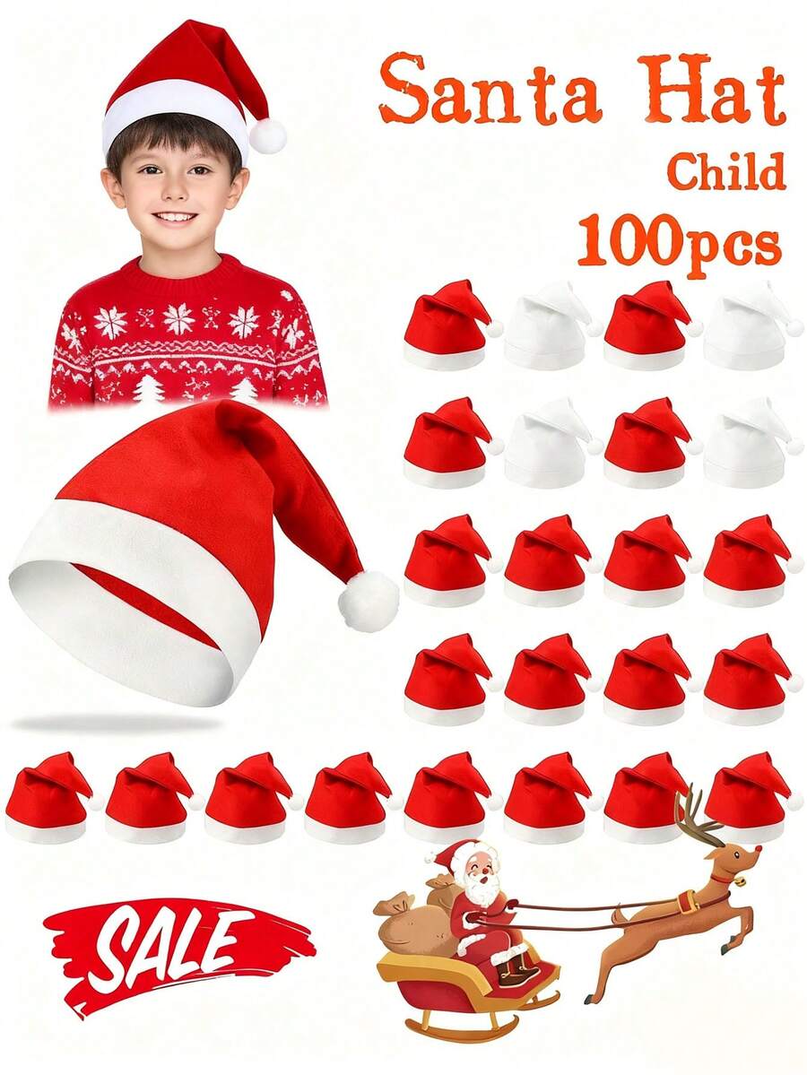 儿童帽子套装，传统红色圣诞帽，趣味家庭聚会圣诞活动装扮，圣诞风格礼物 - 彩色 - 查看 1