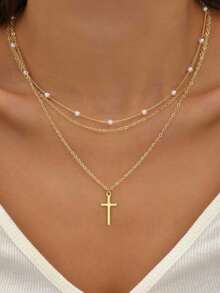 Golden Layered Pearl Cross Necklace Exquisite Artificial Multi Layer Womens Jewelry Holiday Gift Daily Fashion Necklaces