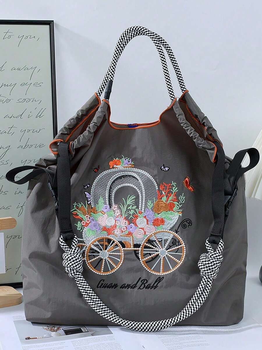 1pc New Casual Embroidered Floral Car Pattern Lightweight Nylon Large Capacity Tote Bag, Suitable For Commuting, Party, Shoulder & Crossbody Bag With Strap