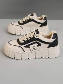 1 双女式休闲运动厚底运动鞋，圆头系带户外皮鞋，春夏